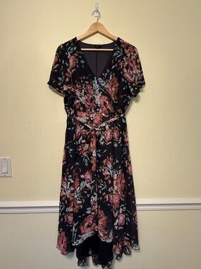 Torrid dark grey Floral Wrap Midi Dress with Pink Rose Print